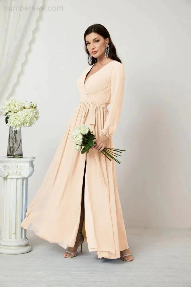 Sunnderly Evening Dresses Deep V-Neck Chiffon Bridesmaid Dresses Long Bishop Sleeve Side Split Formal Dress SY2806 by numbersea