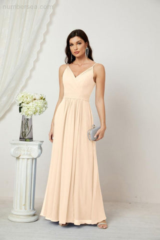 Numbersea Chiffon V-Neck Bridesmaid Dress Spaghetti Strap Long Formal Party Prom Gowns with Slit 28010