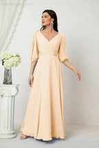 Numbersea Formal Prom Gown Women V-Neck Chiffon Bridesmaid Dresses Long Bishop Sleeve Party Dress 2807 by numbersea