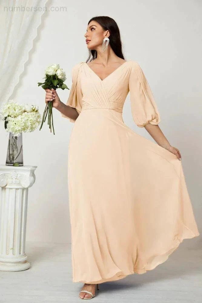 Numbersea Formal Prom Gown Women V-Neck Chiffon Bridesmaid Dresses Long Bishop Sleeve Party Dress 2807 by numbersea