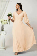 Numbersea Formal Prom Gown Women V-Neck Chiffon Bridesmaid Dresses Long Bishop Sleeve Party Dress 2807 by numbersea