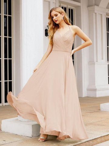 Numbersea Halter Chiffon Bridesmaid Dresses Wedding Appare Sleeveless Formal Prom Dress with Ruffled Back 28035