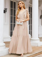 Numbersea Women's Open Back Formal Evening Party Prom Gowns V-Neck Long Chiffon Bridesmaid Dresses with Waist Belt 28038 by numbersea