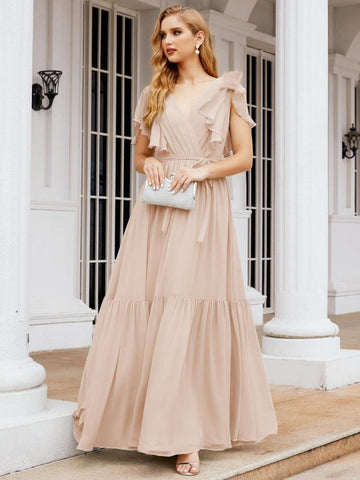 Numbersea Women's Open Back Formal Evening Party Prom Gowns V-Neck Long Chiffon Bridesmaid Dresses with Waist Belt 28038