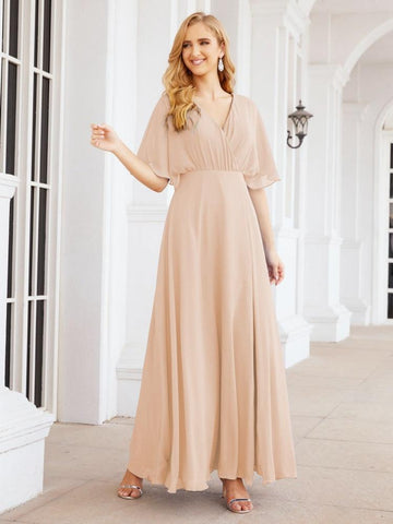 Numbersea V-Neck Bridesmaid Dress Chiffon Long Open Back Formal Dresses for Women Party Evening 28067