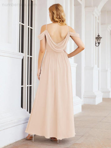 Numbersea Off The Shoulder Chiffon Bridesmaid Dress Long Formal Graduation Gown with Cowl Back 28069