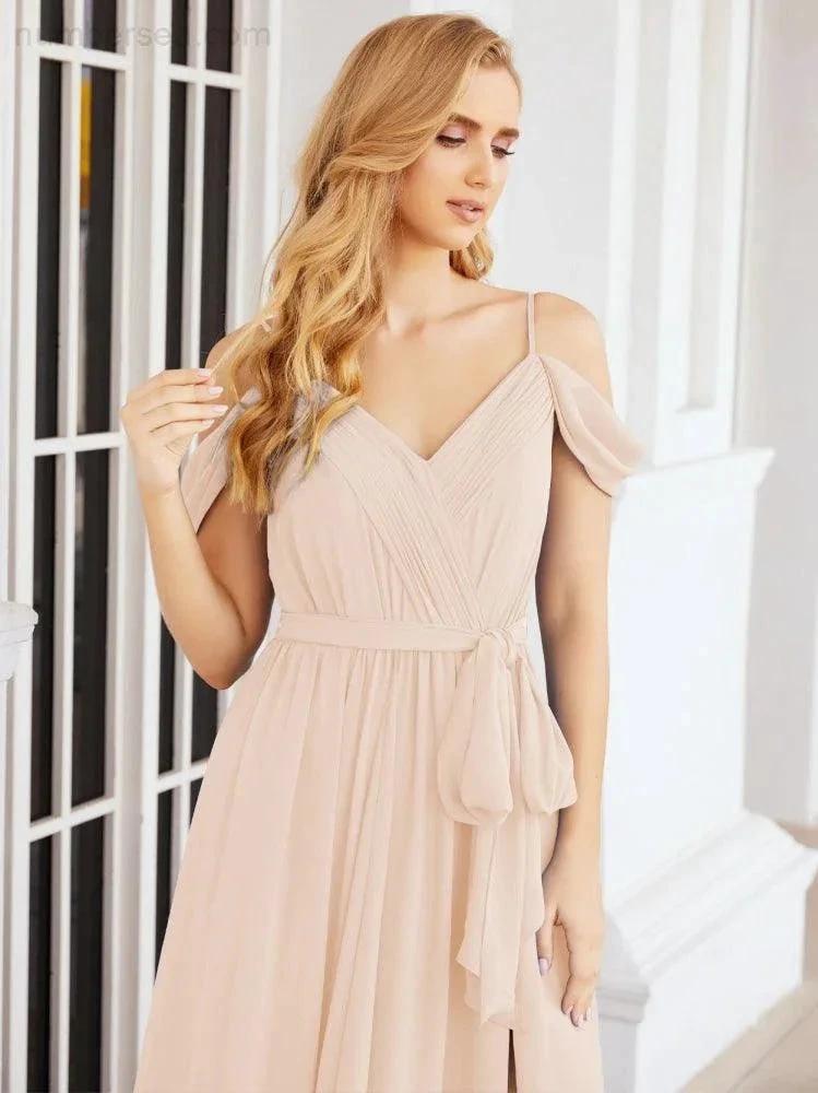 Numbersea Off The Shoulder Chiffon Bridesmaid Dress Long Formal Graduation Gown with Cowl Back 28069 by numbersea