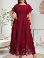 A-Linie U-Ausschnitt Knöchellang Spitzen-Chiffon-Kleid für die Brautmutter mit Pailletten