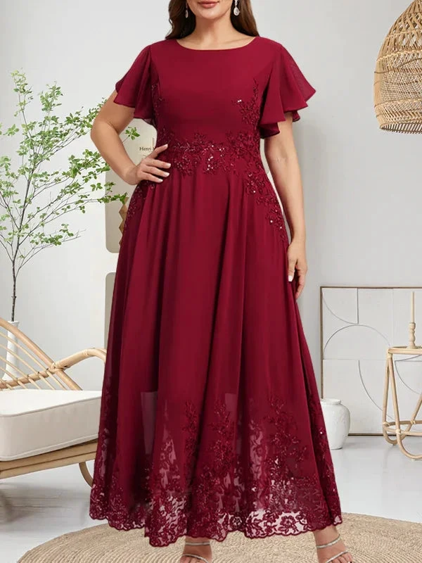 A-Linie U-Ausschnitt Knöchellang Spitzen-Chiffon-Kleid für die Brautmutter mit Pailletten