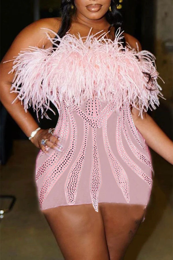 Rhinestone Girly Fluffy Mini Dress Pink Dress Short Homecoming Dress Y781 Hover Image