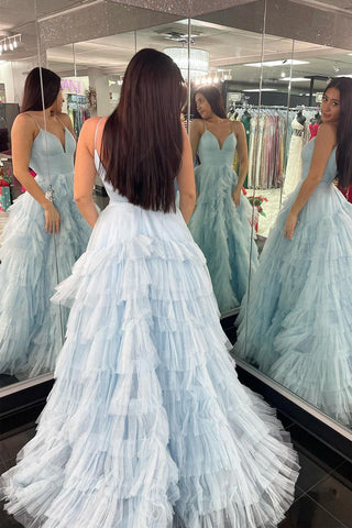 Alianna | Vestido de fiesta de tul escalonado con tirantes finos y corte A 