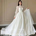 Organza A Line Appliques Lace Wedding Dress Puff Long Sleeves High Neck Bridal Gowns Robe De Mariage Custom TG001 by payinti