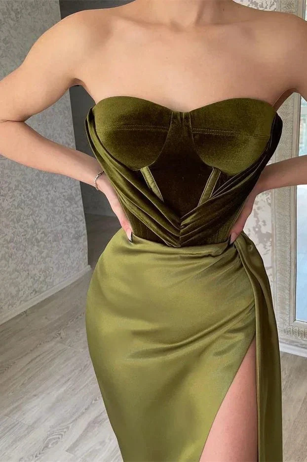 Elegant Olive Green Strapless Mermaid Velvet Bustier Prom Dresses Modest Evening Dress Y377 by simplepromdress