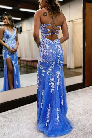 Ainhoa | Glitzerndes blaues Meerjungfrau-Spitzen-Ballkleid mit Schlitz