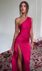 Sexy One Shoulder Hot Pink Prom Dress Saton Slit Evening Dress Y7623 by simplepromdress