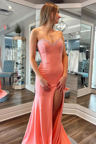 Mamie | Vestido de fiesta largo estilo sirena con escote en forma de corazón y cuentas, con abertura