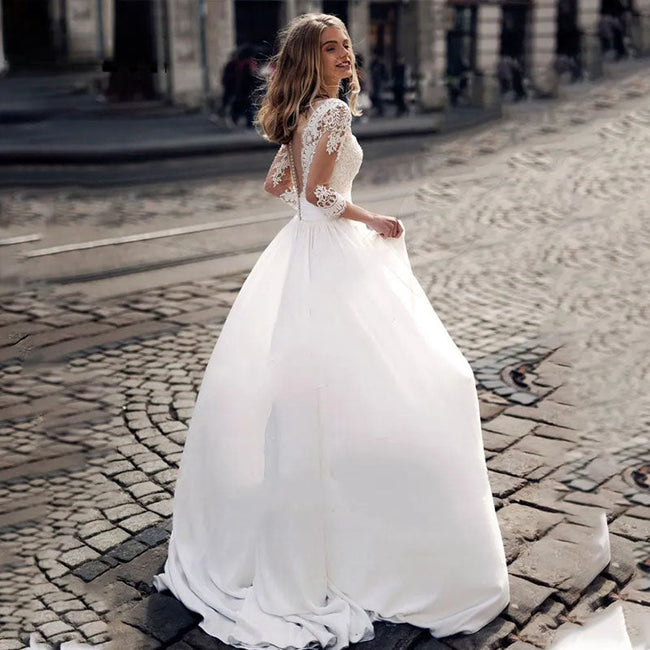 JEHETH Lace Appliques Wedding Dresses For Women Satin Elegant A Line Illusion Back With Button Bride Dress Vestidos de Novia Main Image