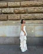 Elegant Strapless Satin Layered Slit Evening Dress,Formal Ivory Prom Dress Wedding Dress Y8247 by simplepromdress