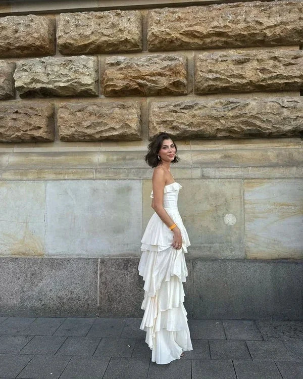 Elegant Strapless Satin Layered Slit Evening Dress,Formal Ivory Prom Dress Wedding Dress Y8247 by simplepromdress