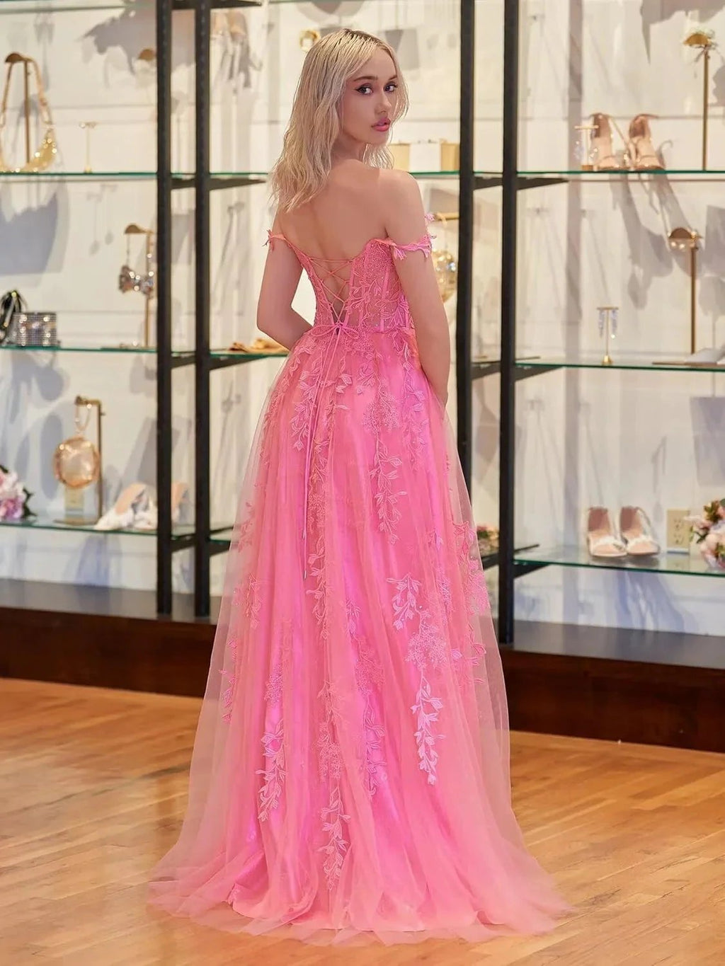 Lace Applique Tulle Prom Dresses for Women 2025 Spaghetti Straps Ball Gown Formal Evening Party Gown with Slit by Sunnderly