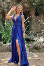 V Neck Split Front Chiffon Long Evening Dress with Elegant Appliques Lace by BIZTUNNEL