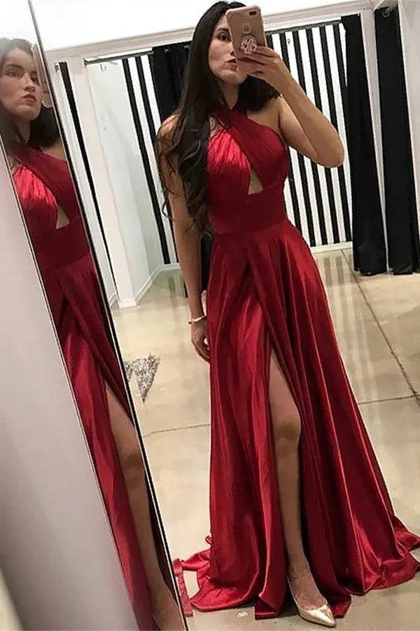 Red Wine Halter Neck Mermaid Prom Dress with Slit and Ruffles by BIZTUNNEL