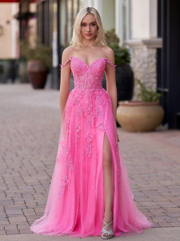 Vestidos de fiesta de tul con apliques de encaje para mujer 2025, vestido de fiesta formal de noche con tirantes finos y abertura 