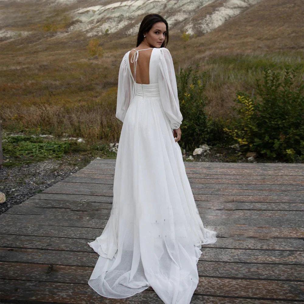 Simple Puff Sleeve Wedding Dress Bridal Long A Line Backless Beach Bride Gown Sweep Train Chiffon Robe De Mariée Vestidos by payinti