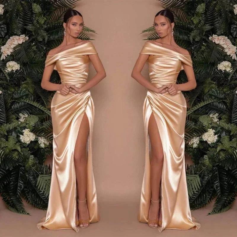 Off The Shoulder Charmeuse Prom Dress Split Ruffle Mermaid by BIZTUNNEL