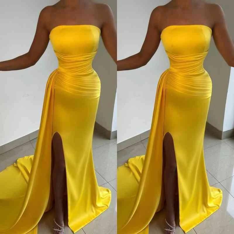Yellow Long Strapless Sleeveless Satin Mermaid Prom Dresses with Slit by BIZTUNNEL