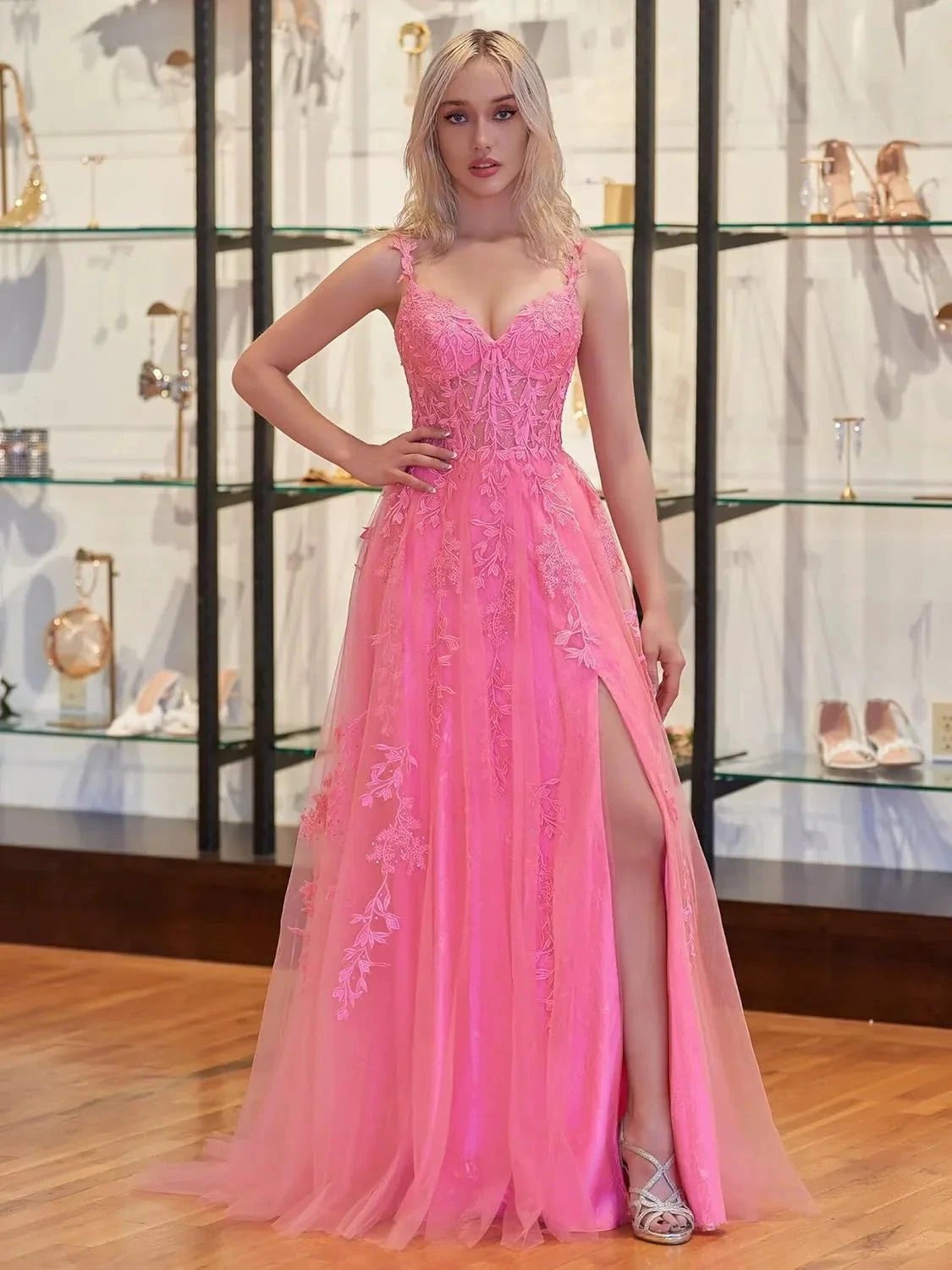 Lace Applique Tulle Prom Dresses for Women 2025 Spaghetti Straps Ball Gown Formal Evening Party Gown with Slit by Sunnderly