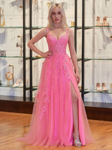 Vestidos de fiesta de tul con apliques de encaje para mujer 2025, vestido de fiesta formal de noche con tirantes finos y abertura 