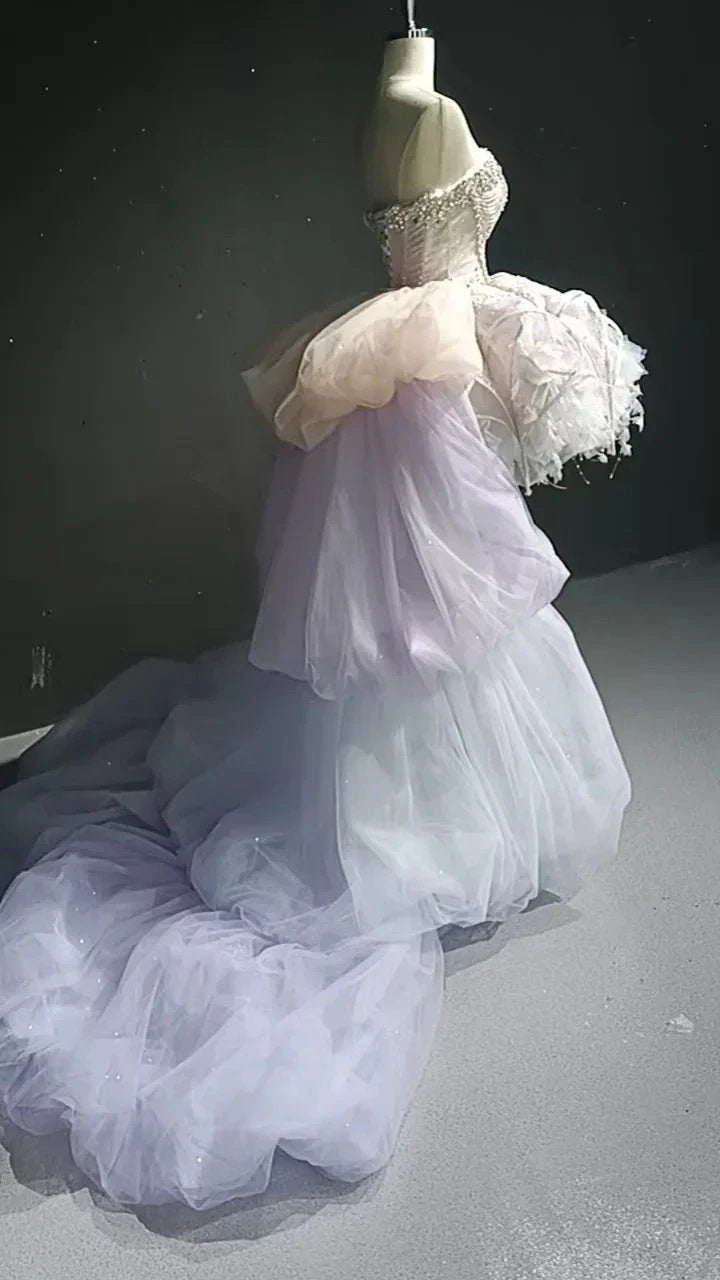 Starry veil feather crystal embellished flower bud dress by ZAPDRESS