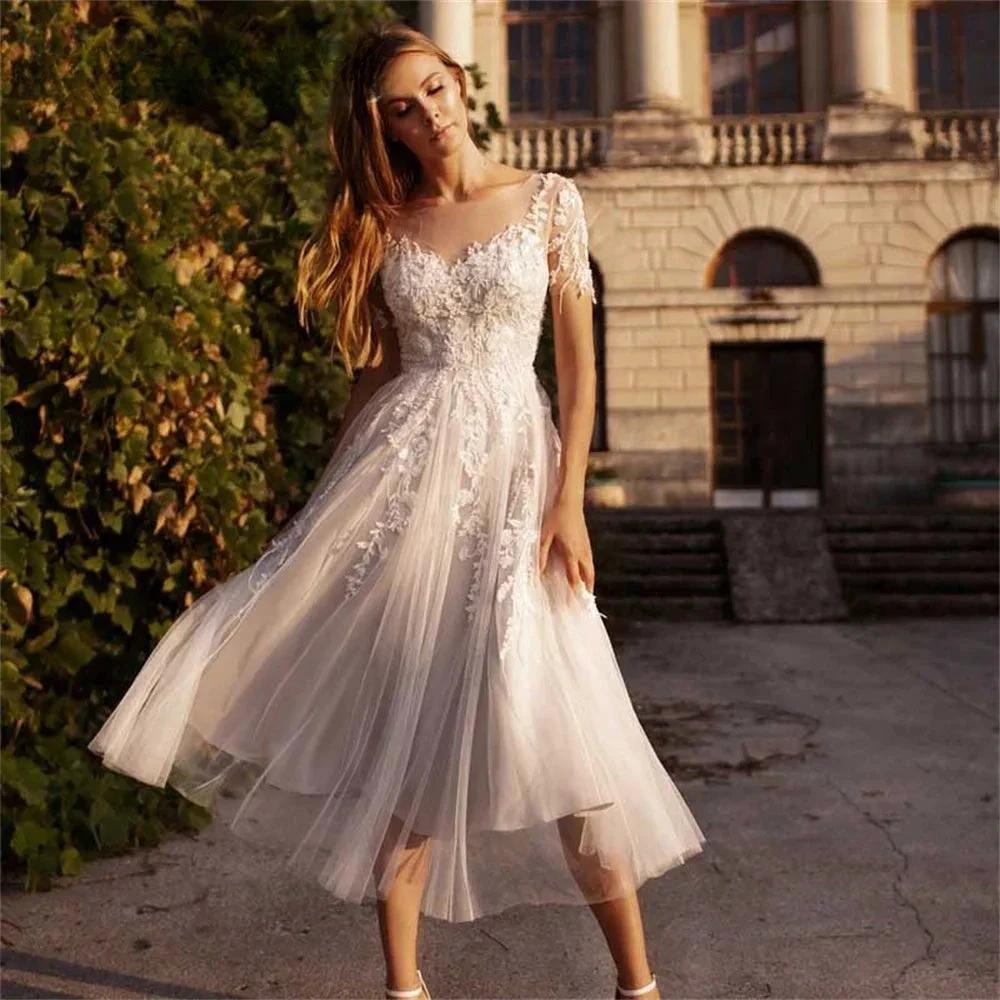 Sweetheart Neck A-Line Wedding Dresses For Women Appliques Lace Buttons Short Sleeves Tulle Bridal Gowns Robe De Mariée by payinti