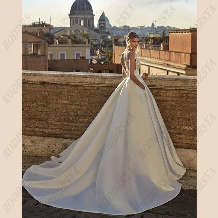 Soft Satin V-Neck Wedding Dresses For Women A-Line Backless Bridal Gowns Sleeveless Insertable Pocket Robe De Mariée by payinti