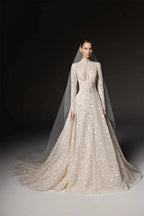 Luxury Champagne High Neck Long Sleeve Lace A-Line Wedding Dress with Buttons SW669