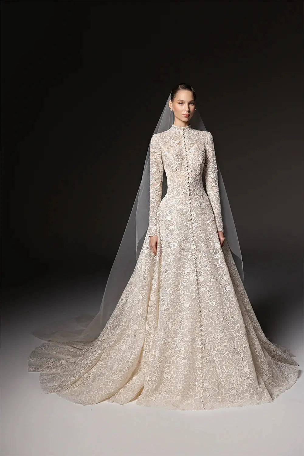 Luxury Champagne High Neck Long Sleeve Lace A-Line Wedding Dress with Buttons SW669