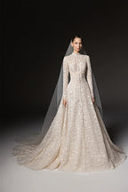 Luxury Champagne High Neck Long Sleeve Lace A-Line Wedding Dress with Buttons SW669
