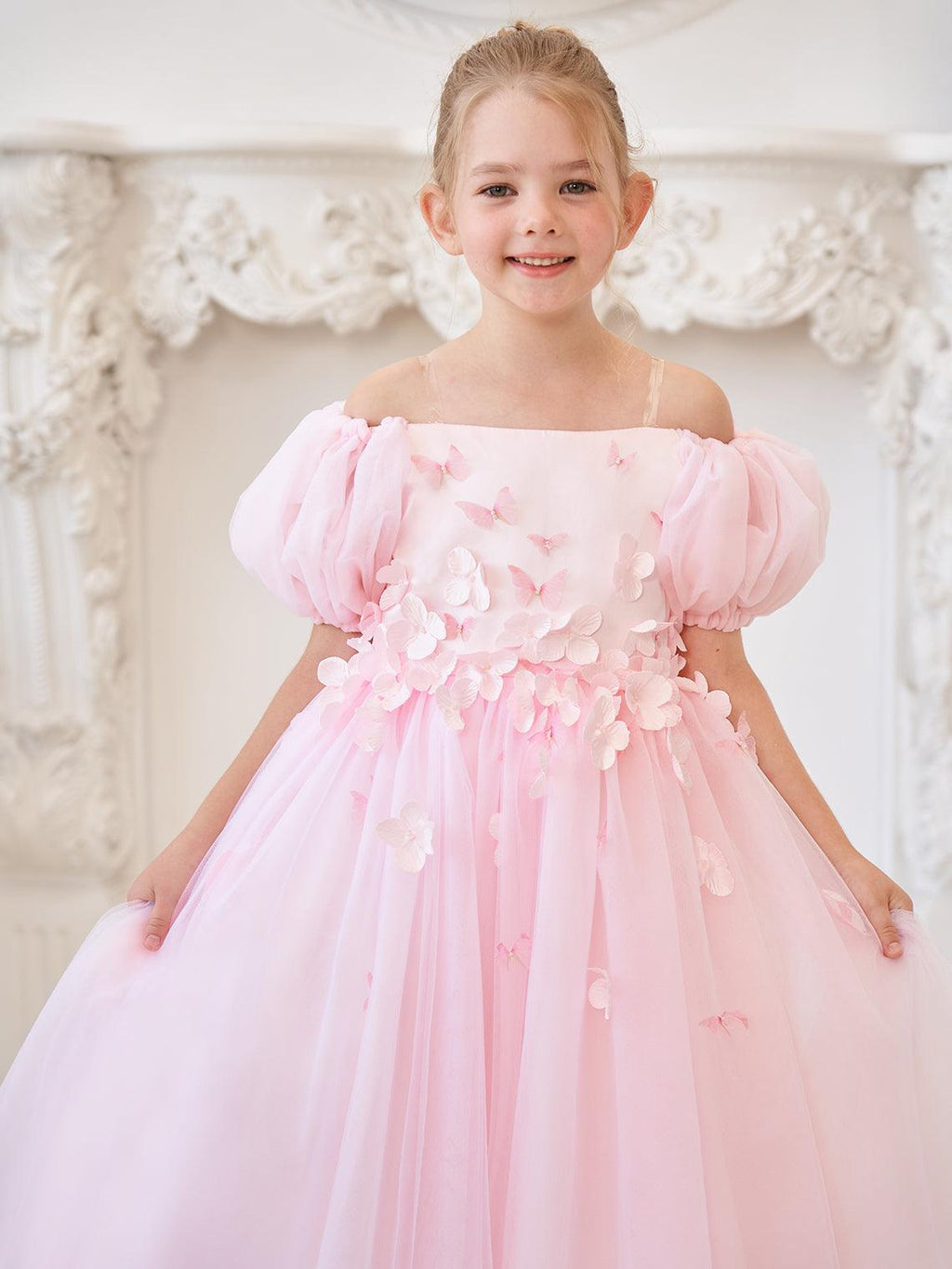 Puffy Sleeves Off-Shoulder 3D Floral Appliques Tulle Tea-length Flower Girl D… - photo 4