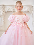Puffy Sleeves Off-Shoulder 3D Floral Appliques Tulle Tea-length Flower Girl D… - photo 4