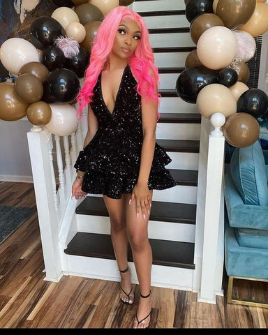 Vestido de cóctel corto, sexy, negro brillante, con espalda descubierta y lentejuelas escalonadas, para fiestas de graduación y noche, vestido negro de regreso a casa Y1504