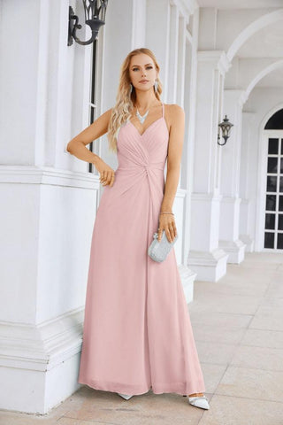 Ladies Chiffon Spaghetti Strap V Neck Front Slit Floor Length Bridesmaid Evening Dress Prom Party Wedding Evening Dress 28116