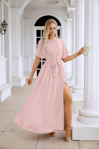 Ladies Chiffon Sleeve Crew Neck Front Slit Floor Length Bridesmaid Evening Dress Wedding Party Evening Dress 28124