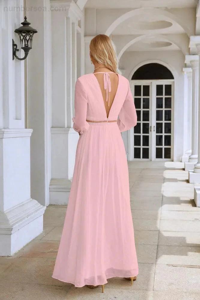 Ladies V Neck Chiffon Long Sleeve Front Slit Bridesmaid Evening Dress Wedding Party Shopping Evening Dress 28109 by numbersea