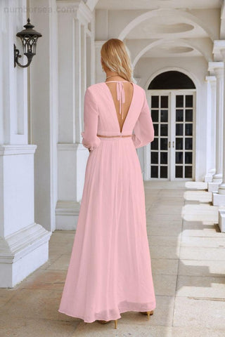 Ladies V Neck Chiffon Long Sleeve Front Slit Bridesmaid Evening Dress Wedding Party Shopping Evening Dress 28109
