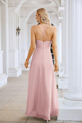 Ladies Chiffon Spaghetti Strap V Neck Front Slit Floor Length Bridesmaid Evening Dress Prom Party Wedding Evening Dress 28116