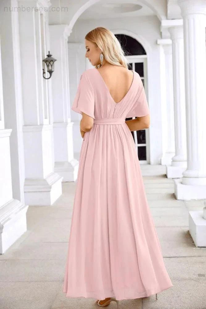 Ladies Chiffon Sleeve Crew Neck Front Slit Floor Length Bridesmaid Evening Dress Wedding Party Evening Dress 28124 by numbersea