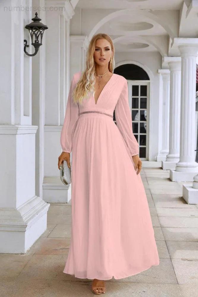Ladies V Neck Chiffon Long Sleeve Front Slit Bridesmaid Evening Dress Wedding Party Shopping Evening Dress 28109 by numbersea