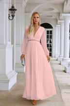 Ladies V Neck Chiffon Long Sleeve Front Slit Bridesmaid Evening Dress Wedding Party Shopping Evening Dress 28109 by numbersea