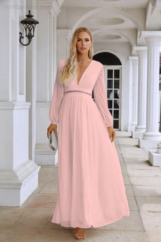 Ladies V Neck Chiffon Long Sleeve Front Slit Bridesmaid Evening Dress Wedding Party Shopping Evening Dress 28109